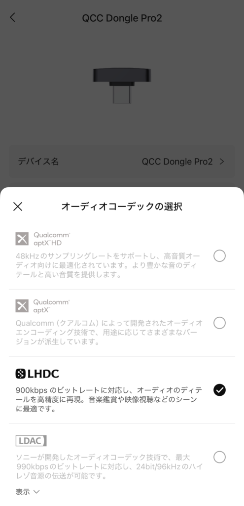 オーディオコーデックの選択画面